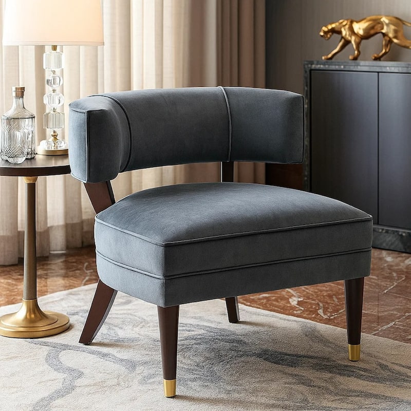 Disa Accent Armchair, Barrel Back Design, Gray Velvet, Solid Wood Legs