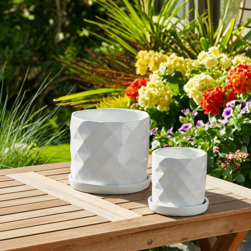 Ceramic Saucer Planters Geometric Finish (Set of 2) - 10", 9" White - 11.75" x 11.75" x 10.25"