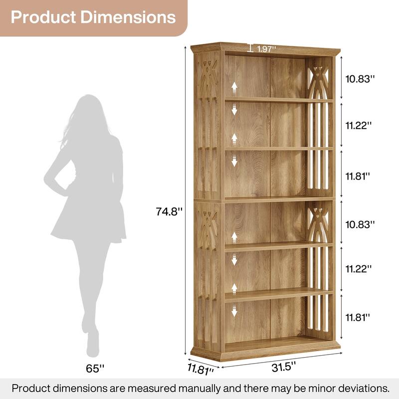 6 Tier Bookshelf, 75 Inch Tall Bookcase, Freestanding Display Shelves - Light Brown