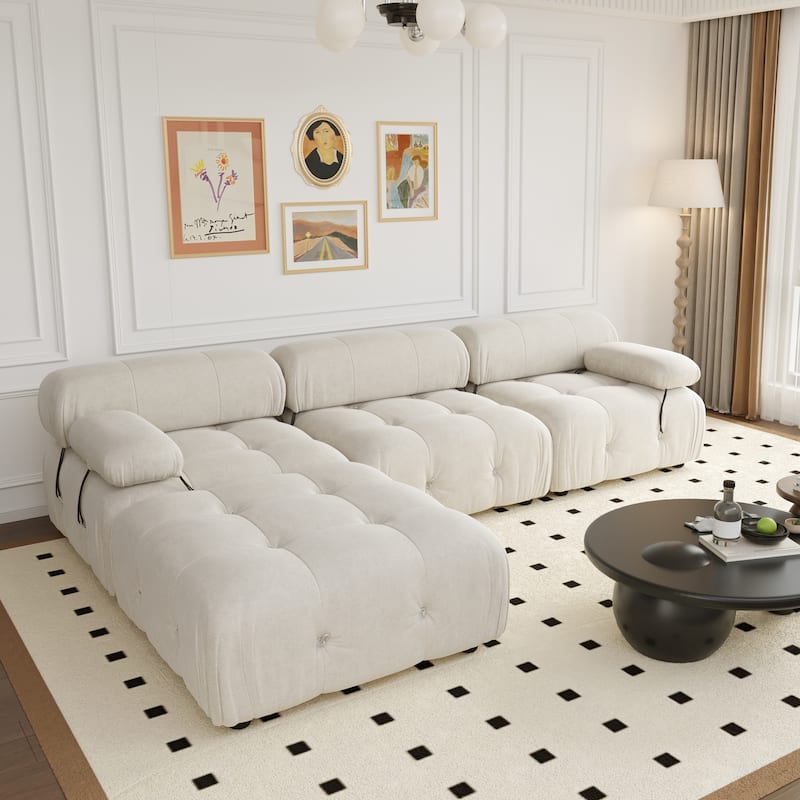 104" Wide Velvet Reversible Modular Sofa & Chaise with Ottoman - Beige