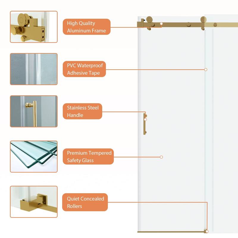 Lordear 48" x 76" Glass Shower Door Aluminum Semi-Frameless Adjustable Golden Shower Enclosure - 48 in.W x 76 in H