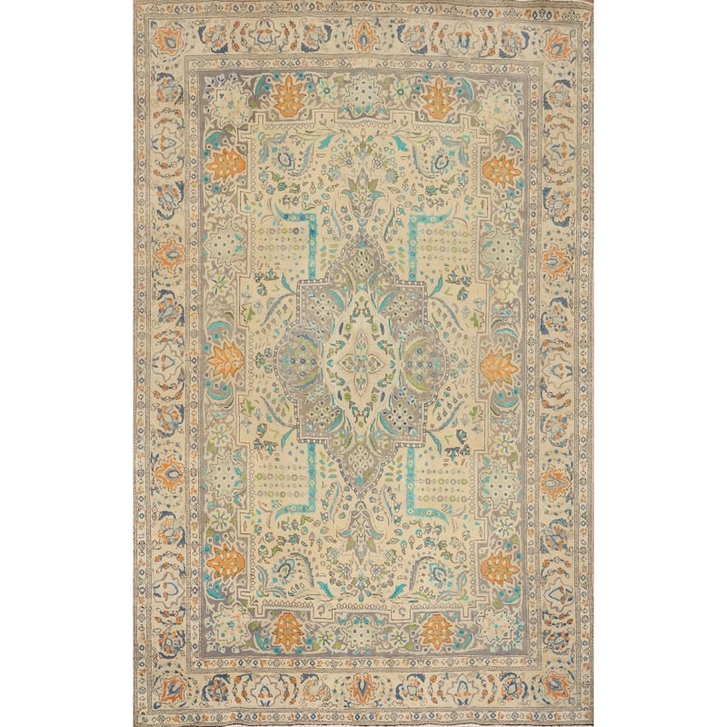 Hand Knotted Oriental 100% Wool Carpet Traditional Floral Beige & Ivories Tabriz Area Rug - 10' 5'' X 7' 5''