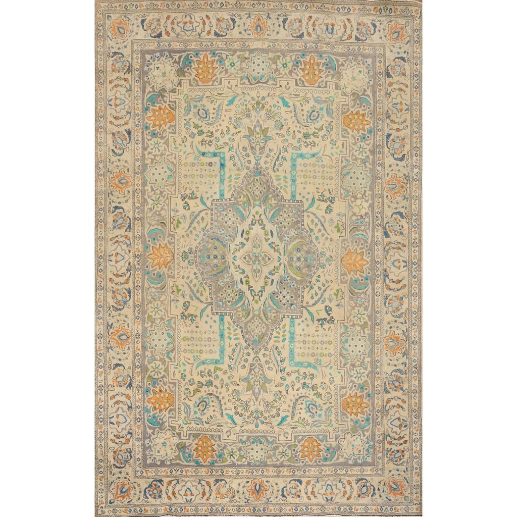 Hand Knotted Oriental 100% Wool Carpet Traditional Floral Beige & Ivories Tabriz Area Rug - 10' 5'' X 7' 5''