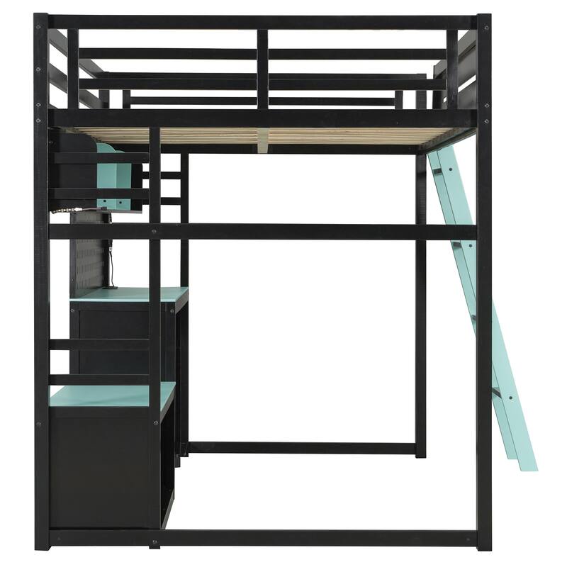 Roomfitters Full Size Gaming Loft Bed with Desk, Pegboard, LED Lights and USB Ports