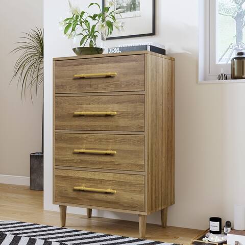 Modern Natural Walnut Chest with Golden Handles and 4 Drawers