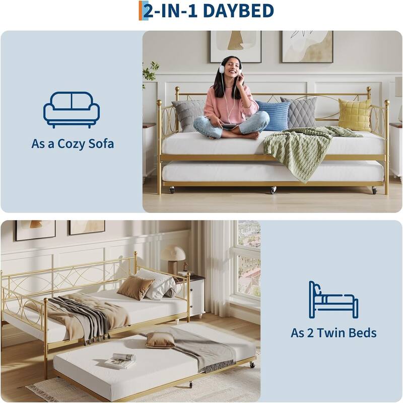 Metal Daybed with Trundle Set, Space-Saving Sofa Bed Frame with Steel Support for Bedroom or Living Room