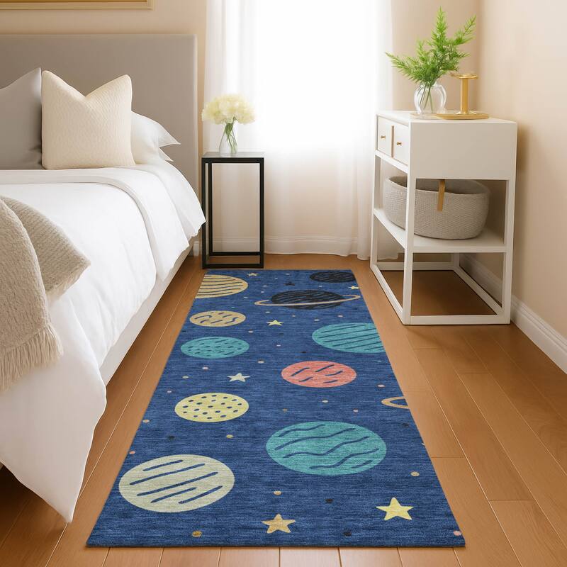 Machine Washable Indoor/ Outdoor Modern Planets Chantille Rug