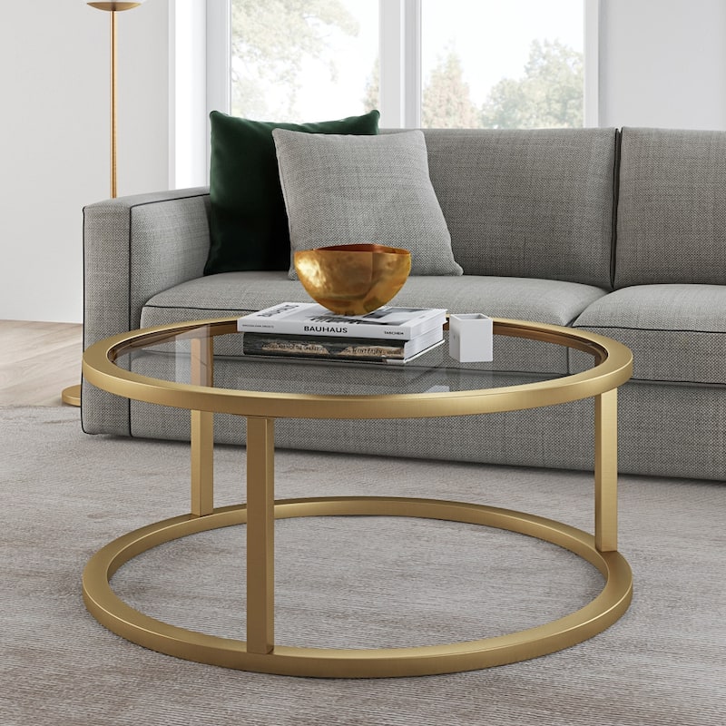 35-Inch Glass and Steel Round Coffee Table for Living Room - 35” x 35” x 17”