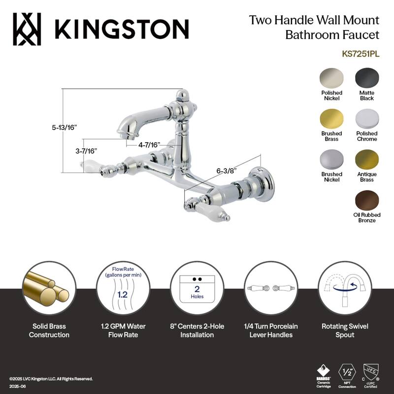 Kingston Brass English Country Two-Handle 2-Hole Wall Mount Bathroom Faucet