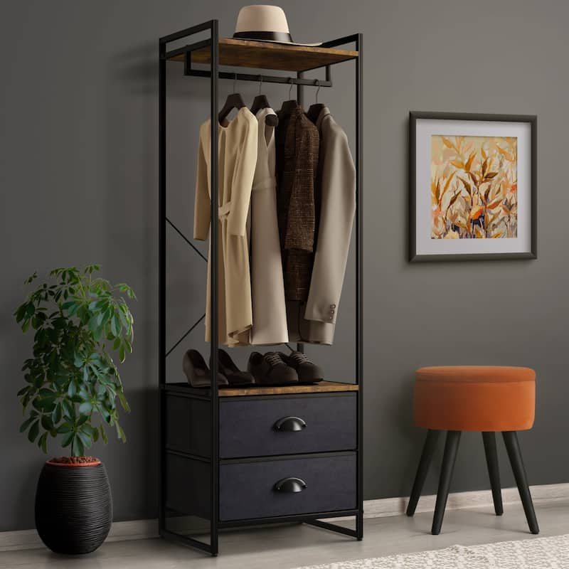 Clothing Rack with 2 Drawers - Tall Closet Stand Dresser for Bedroom