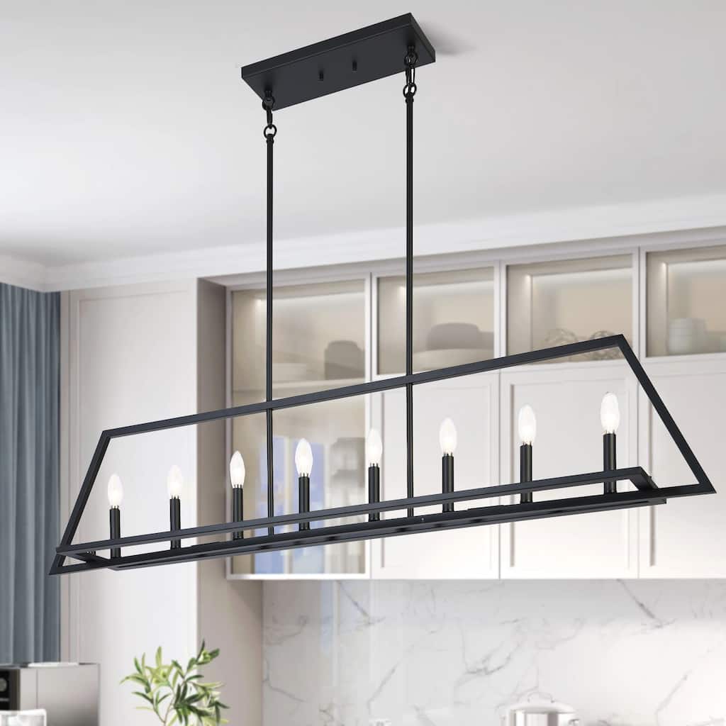 55.1 IN Modern Black Metal 8-Light Linear Geometric Chandelier Kitchen Island Farmhouse Lighting - L55.1" x W7.9" x H11.6"