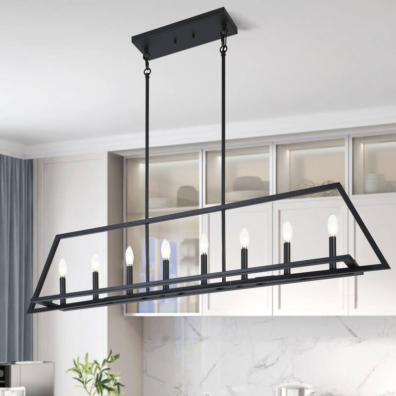 Modern Farmhouse Black Metal 8-Light Oversized Geometric Chandelier Kitchen Island Light - L55.1" x W7.9" x H11.6"
