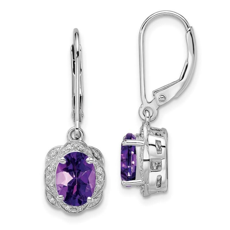 Curata 925 Sterling Silver Dangle Polished Open back Leverback Diamond Amethyst Earrings - 28x9mm Wide