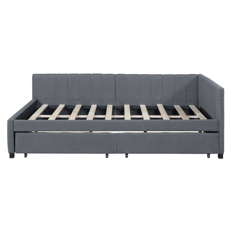 L-Shaped Backrest Daybed Upholstered Daybed Frame Classic Wood Slats Design with 2 Storage Drawers - Full Size - Grey
