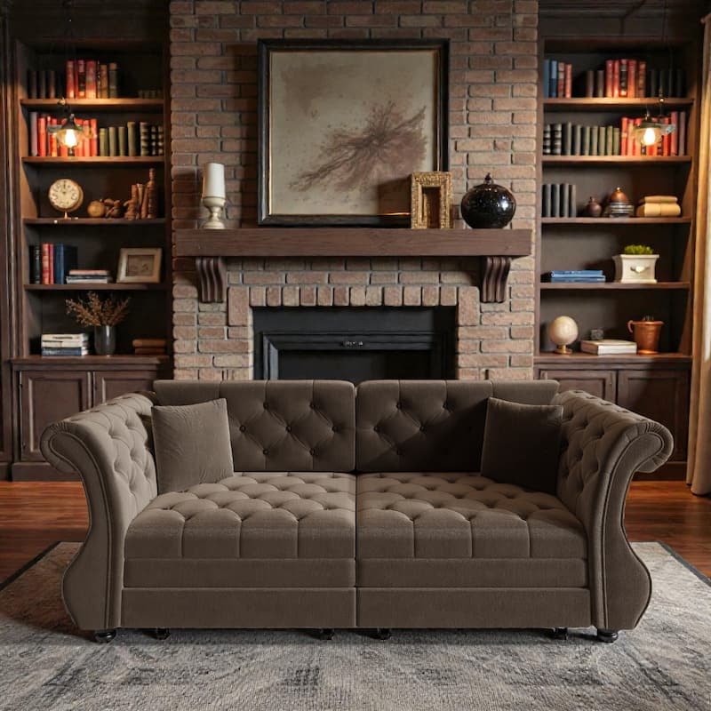 83.8 Inch Chesterfield Pull Out Sofa Bed, Velvet Roll Arm Couch with Flower Tufting, Convertible Sleeper