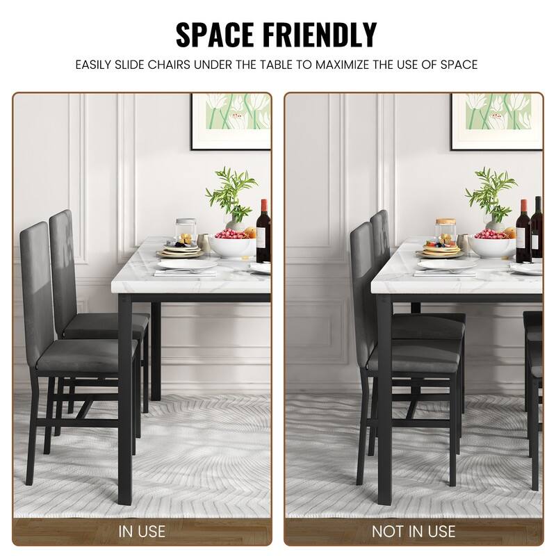 Grondin Modern Style Faux Marble Top 5-Piece Casual Dining Set with 4 Velvet Upholstered Dining Chairs