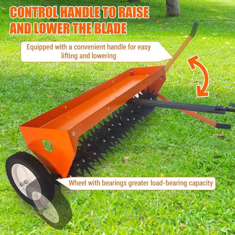 40-Inch Tow-Behind Lawn Aerator Heavy-Duty Steel Teeth Adjustable Handle & Transport Wheels Orange
