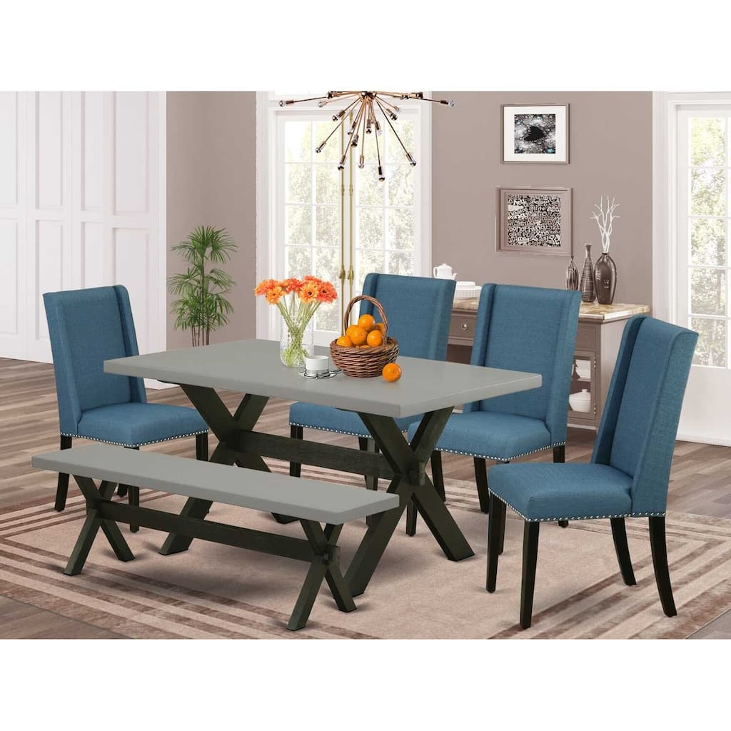 HomeStock 6-Pc Rectangle Natural Oak Finish Solid Wood Top Dining Table with 1-Bench, 4-Chairs