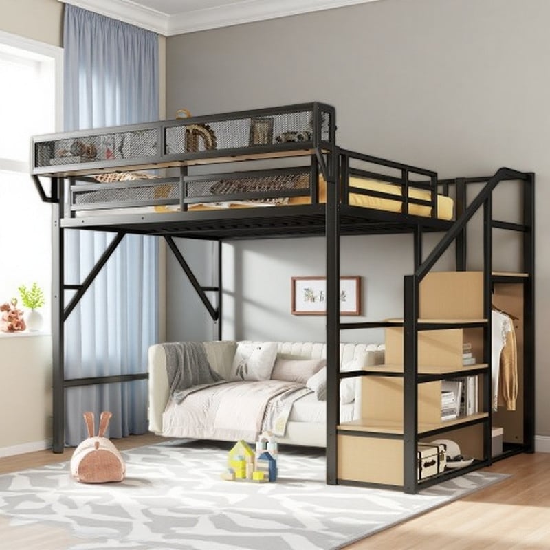 Metal Loft Bed with Reversible Storage Stairs, Built-In Wardrobe and Side Shelves, Underbed Workspace