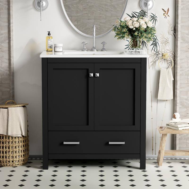 30" Black Solid Wood Bathroom Vanity Set - Undermount Sink Combo with 2 Doors, 1 Drawer & Soft-Close Mechanism‌