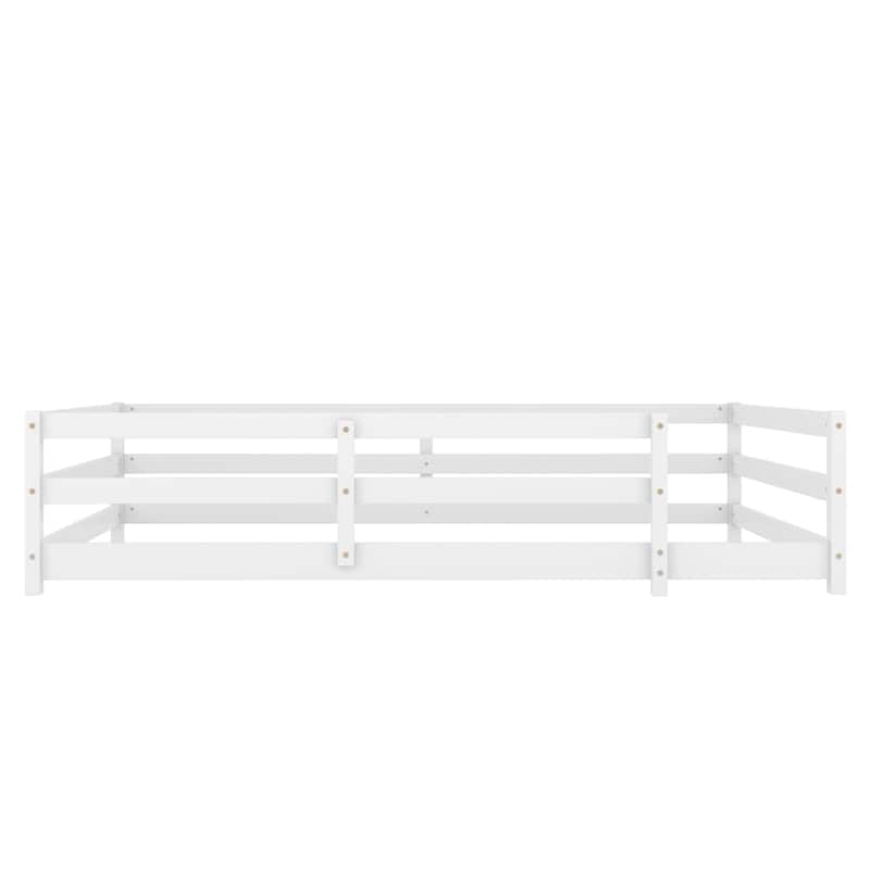 Full Size Wood Montessori Floor Bed w/ Fence for Kids, Girls, Boys -White, Easy Assemble