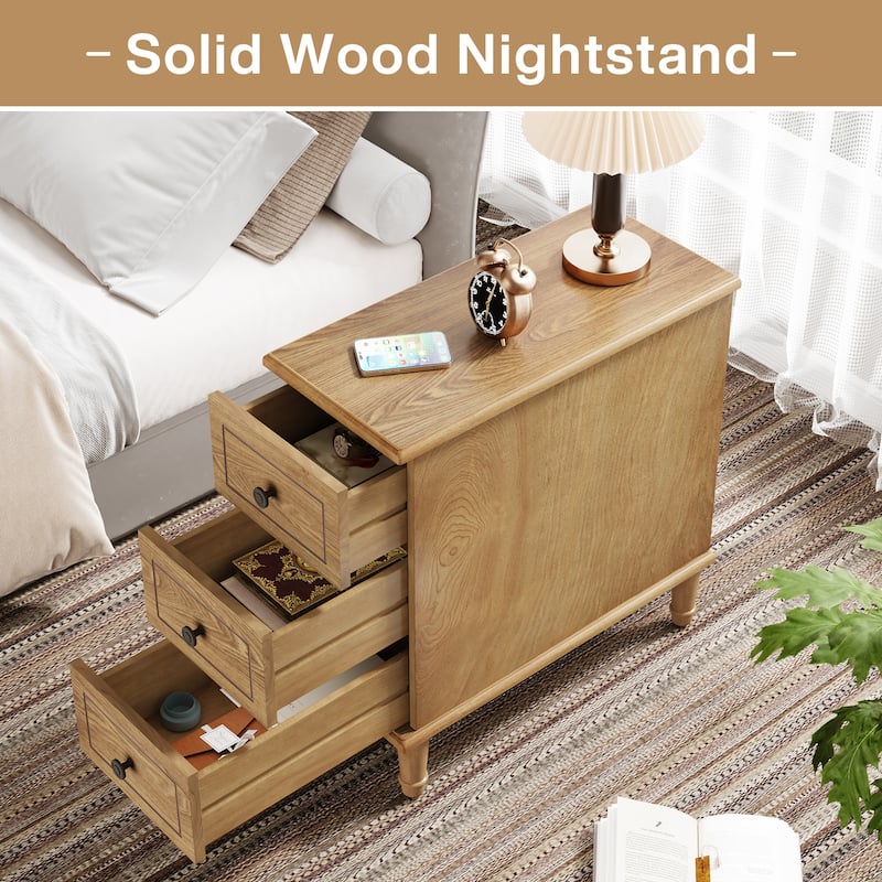Fully Assembled Narrow End Table, Solid Wood Side Table with 3 Drawers, Vintage Nightstand Slim Bedside Table for Small Spaces