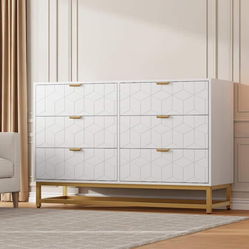 6 Drawer Dresser, with Gold Handles, for TV Stand & Closet