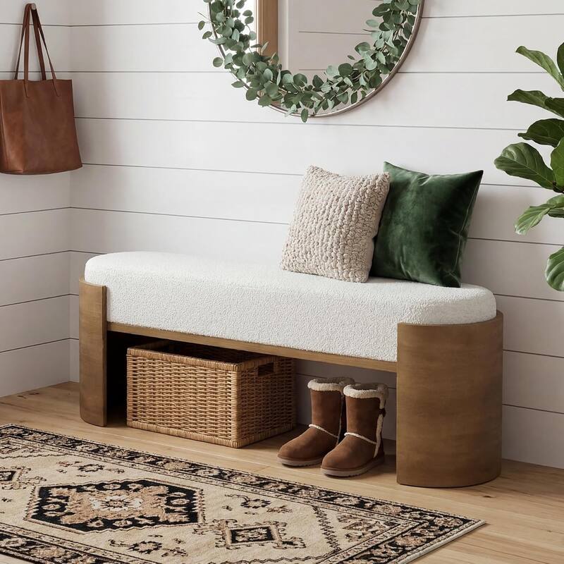 47.24" Upholstered Entryway Bench, Bay Window Seat with Cushion, Solid Wood End of Bed Bench for Bedroom - Brown+ White