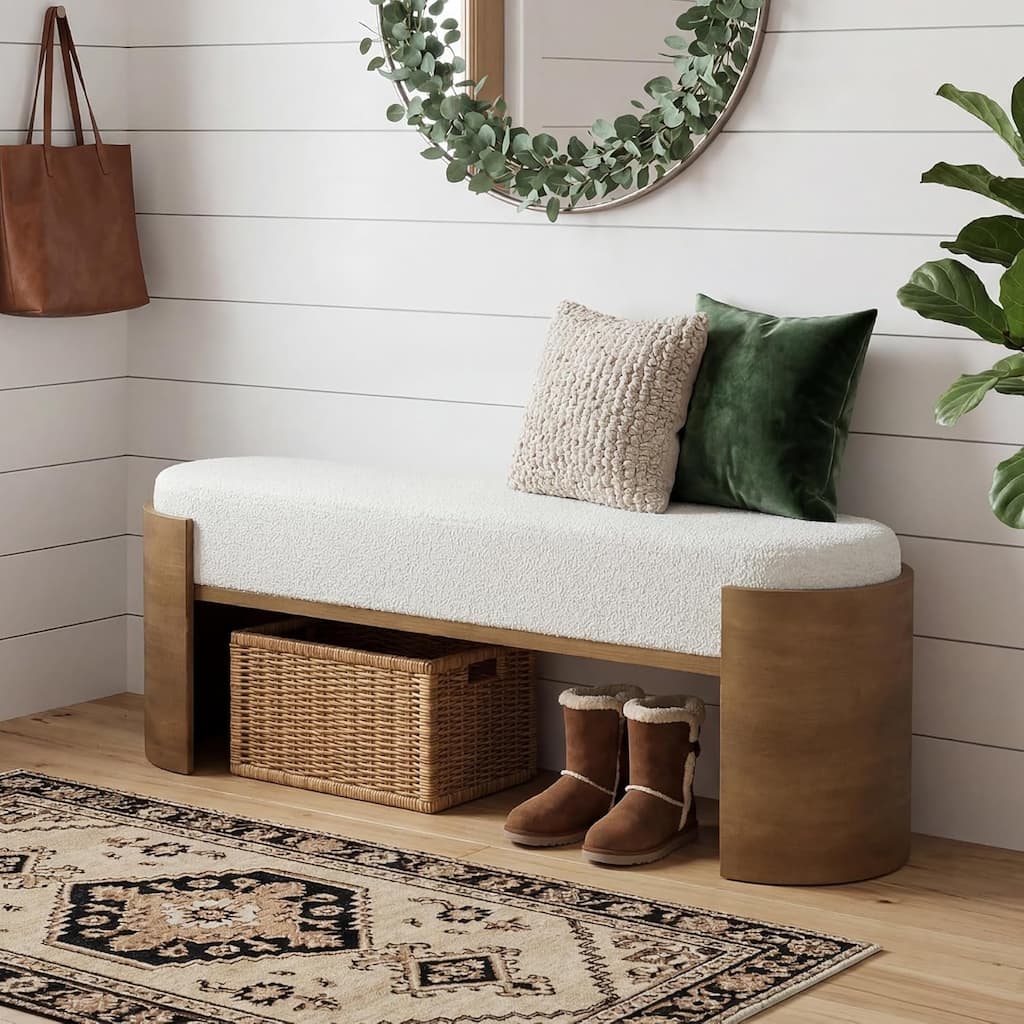 47.24" Upholstered Entryway Bench, Bay Window Seat with Cushion, Solid Wood End of Bed Bench for Bedroom