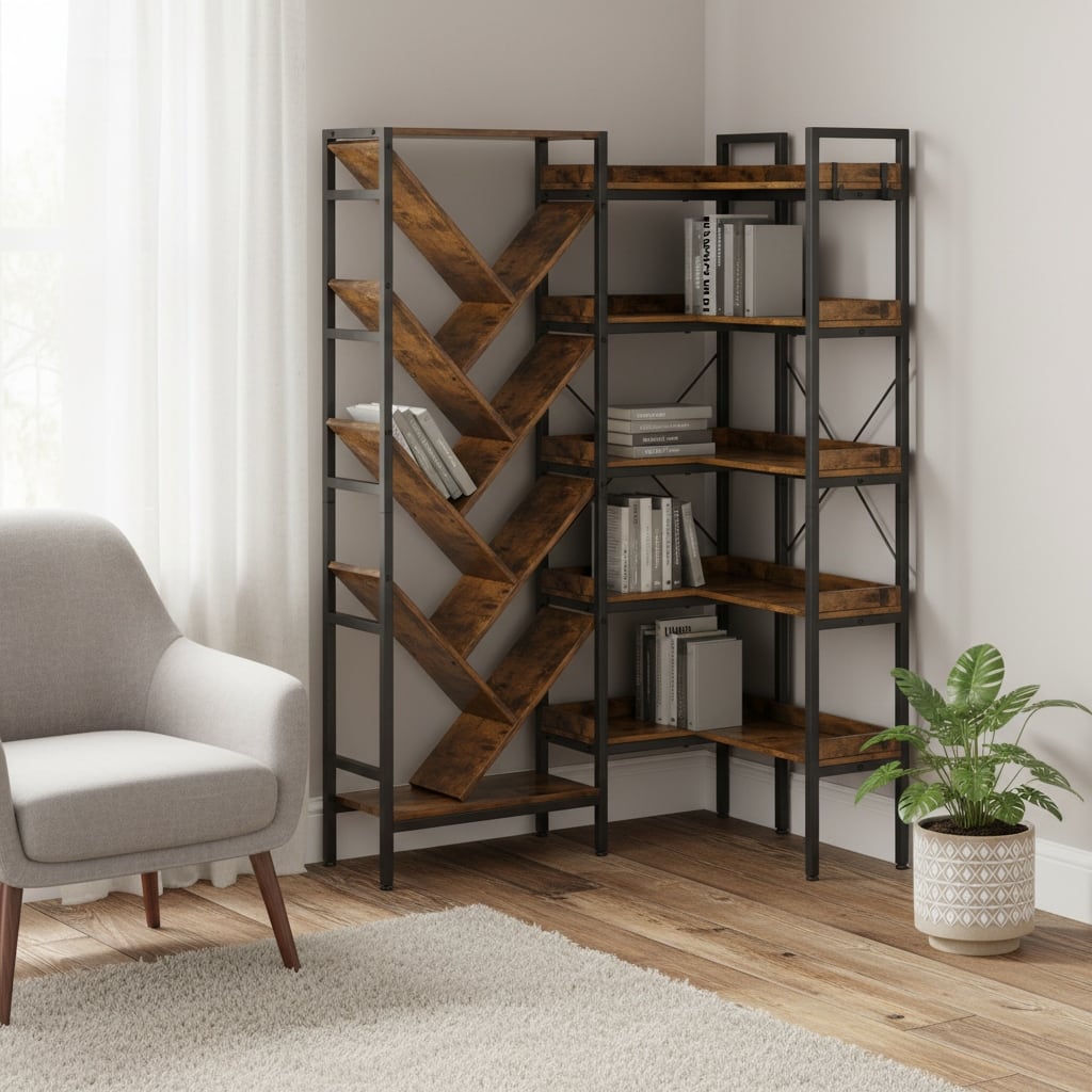 HomeRoots 69" Brown And Black Wood And Metal Ten Tier Corner Bookcase