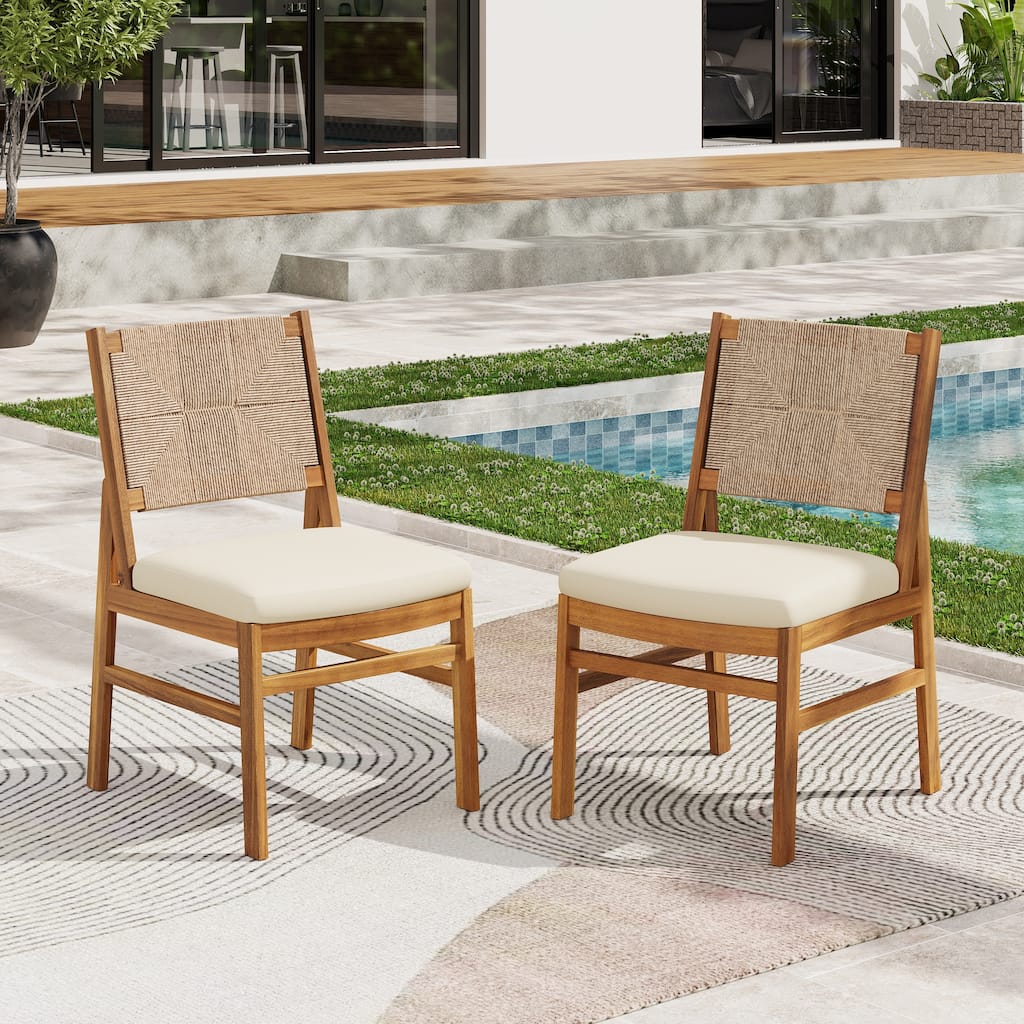 Christopher Knight Home - Mindy Outdoor Acacia Wood & Handwoven Wicker Dining Chairs with Cushions (Set of 2)