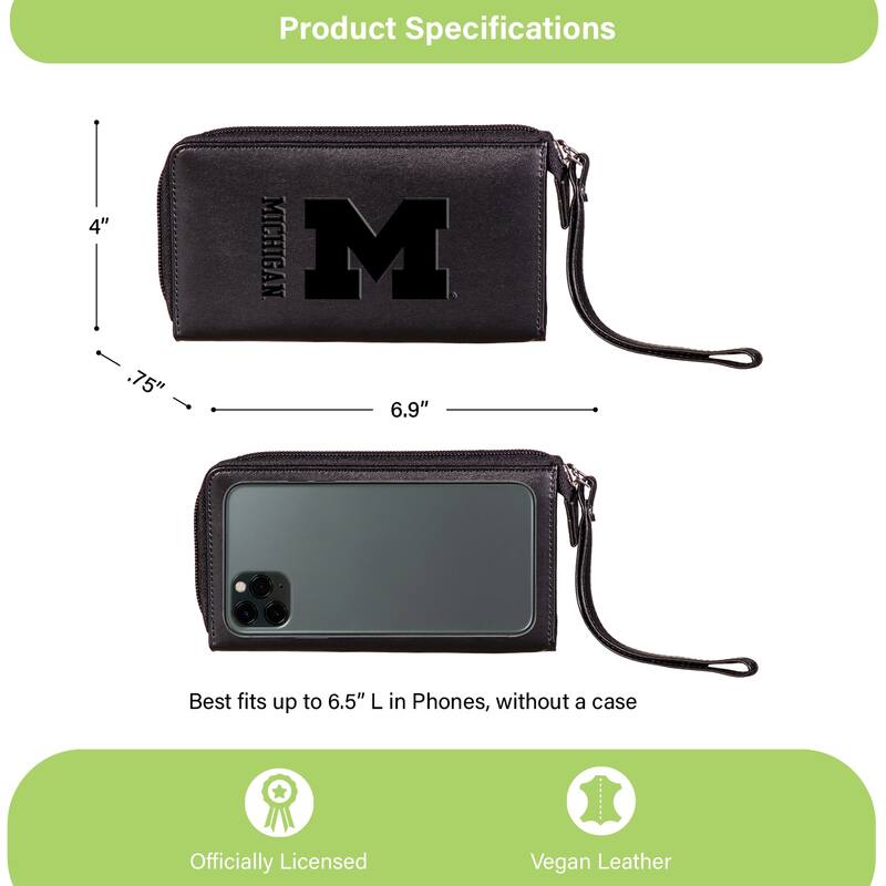 Black Hybrid Leather Cell Phone Wristlet Wallet, University Of Michigan - 4" x 7"