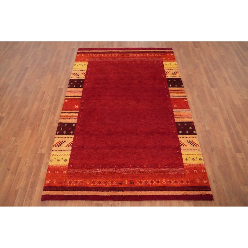 Hand Knotted Oriental 100% Wool Carpet Modern Bordered Red Gabbeh Area Rug - 7' 11'' X 5' 4''