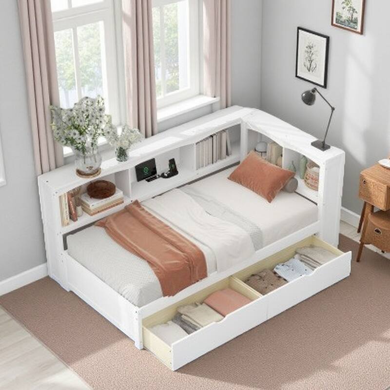 Twin Size Daybed with Built-in Charging Station, 2 Drawers & 5 Side Cabinets, Solid Wood Frame with USB & Outlet Ports - White