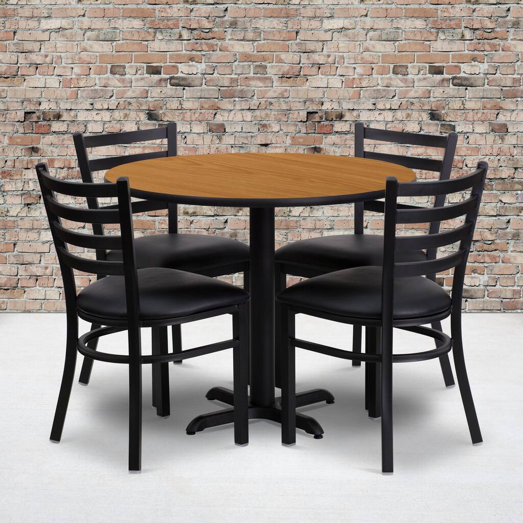 36'' Round Laminate Table Set with X-Base and 4 Ladder Back Metal Chairs