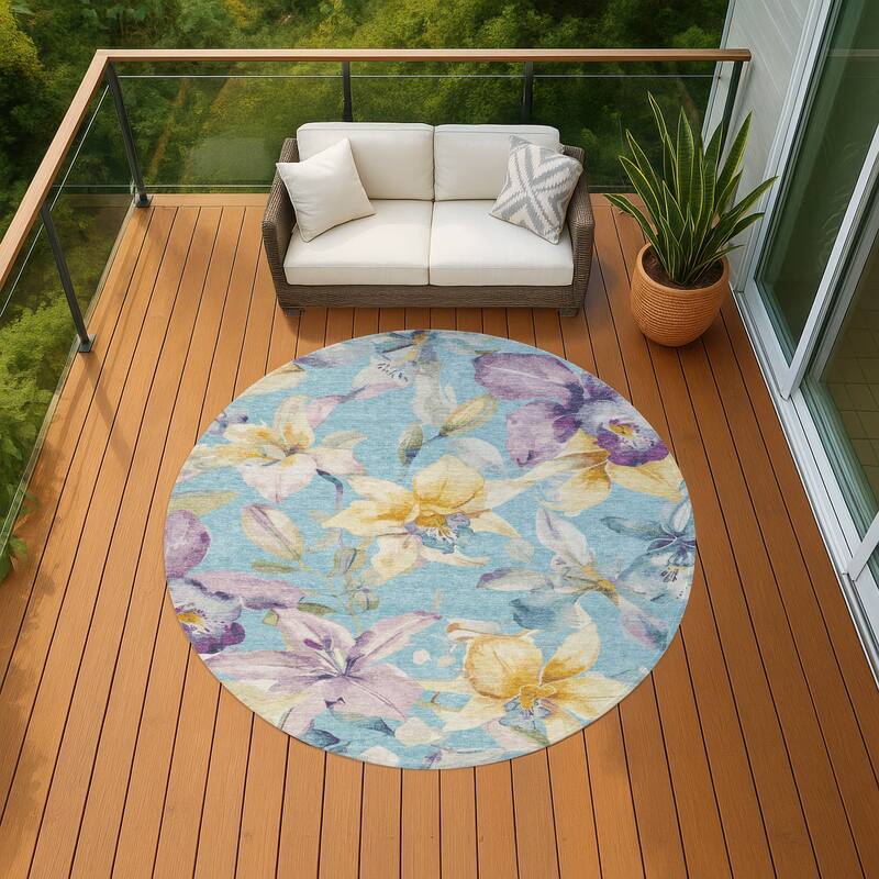 Machine Washable Indoor/ Outdoor Modern Floral Chantille Rug - Aqua - 8' x 8'