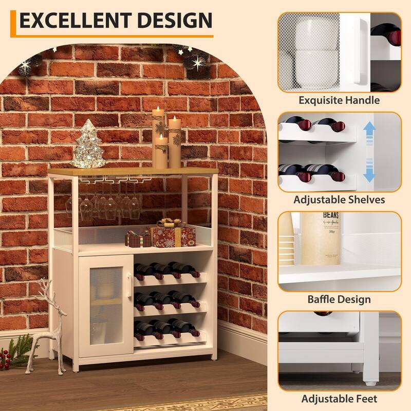 3-Tier Wine Bar Cabinet with Storage, Wine Rack & Glass Holder, Small Liquor Cabinet for Home, Black Corner Storage with Shelves