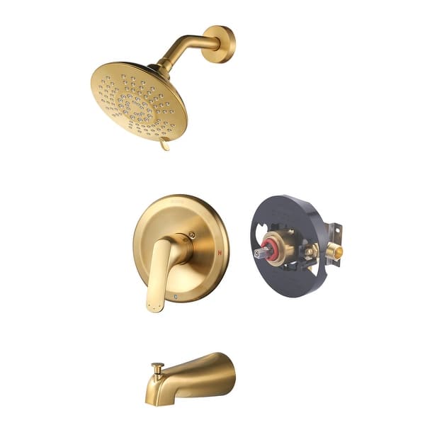 slide 2 of 32, WOWOW Single Handle 5-Spray Round Shower Faucet with Tub Spout Gold