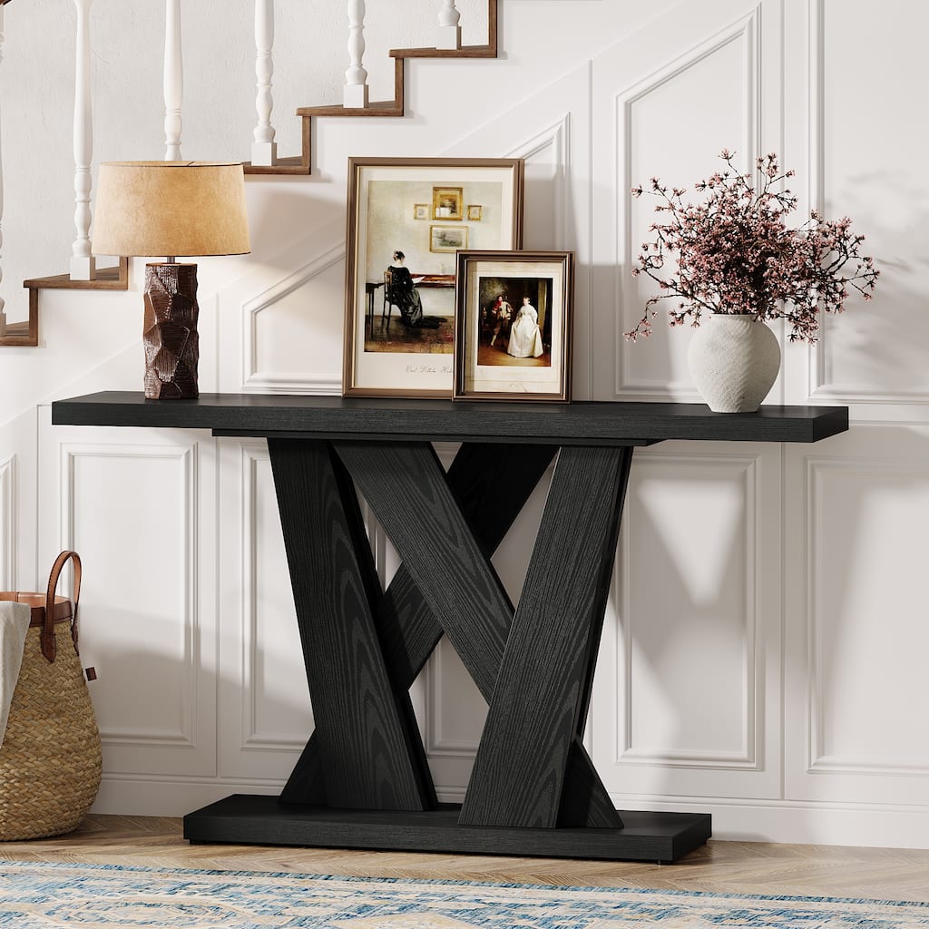 55'' Farmhouse Console Table, Wood Entryway Table with Geometric Base