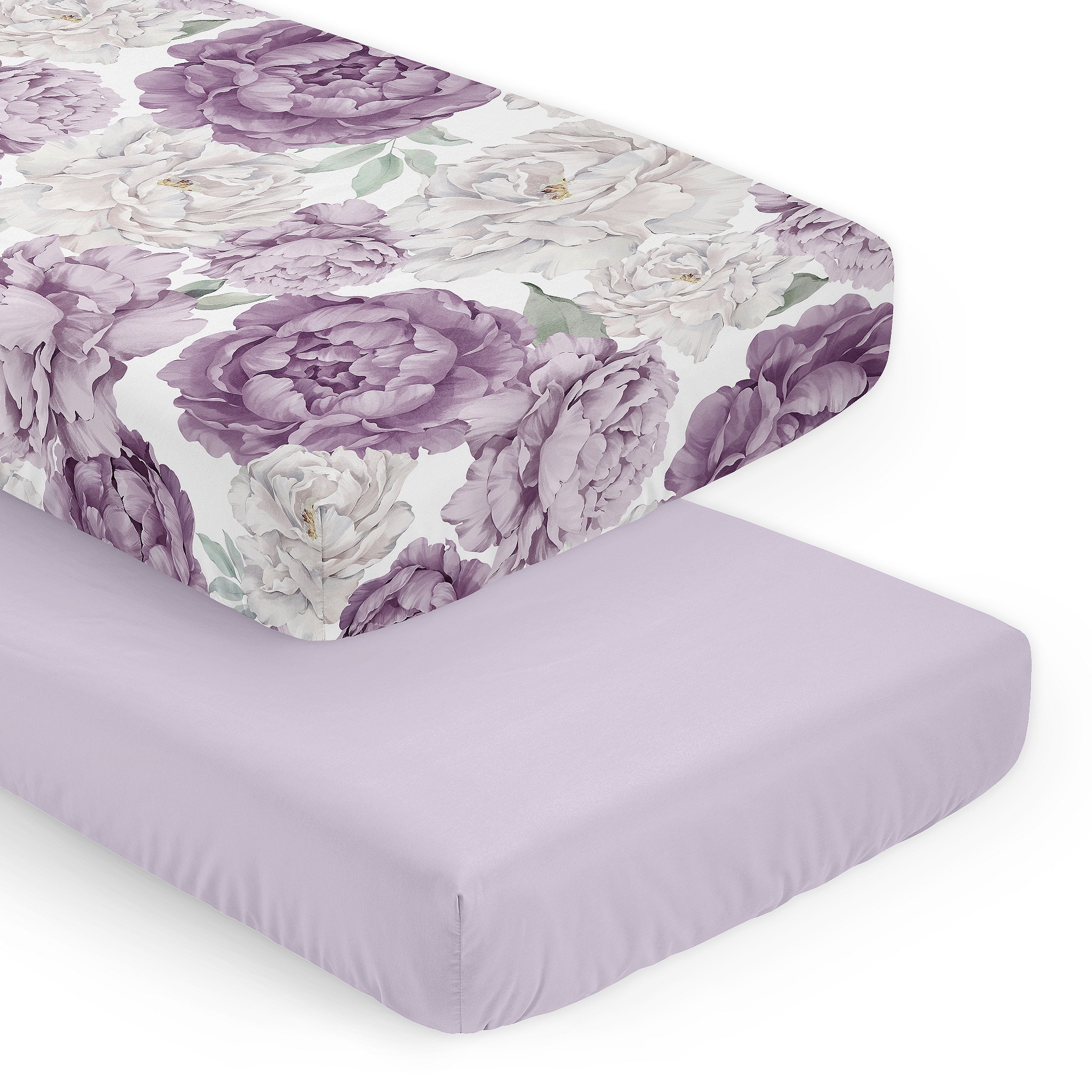Sweet Jojo Designs Boho Shabby Chic Floral Girl 2 Pack Fitted Crib Sheets Solid Purple Ivory Bohemian Vintage Watercolor Elegant