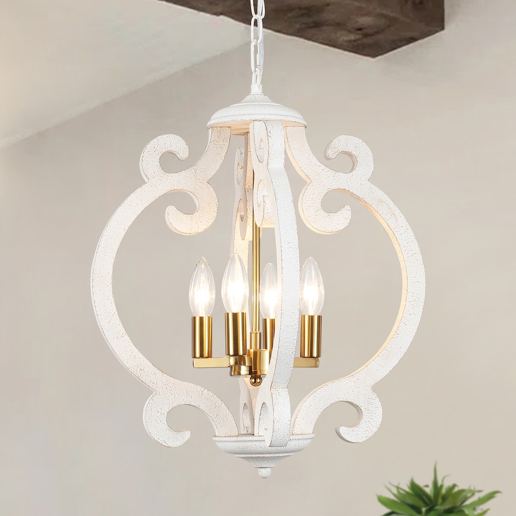 4-Light Antique Wood French Country Chandelier Vintage Pendant for Dining Room