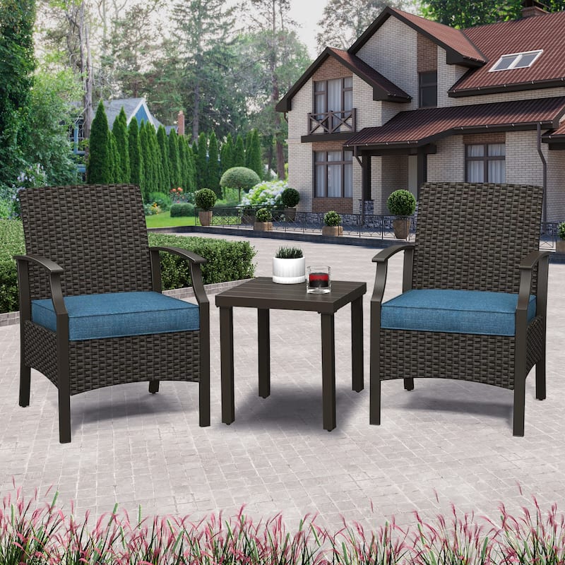 3 Piece Pati Outdoor Wicker Modern Bistro Sets with Coffee Table - Blue