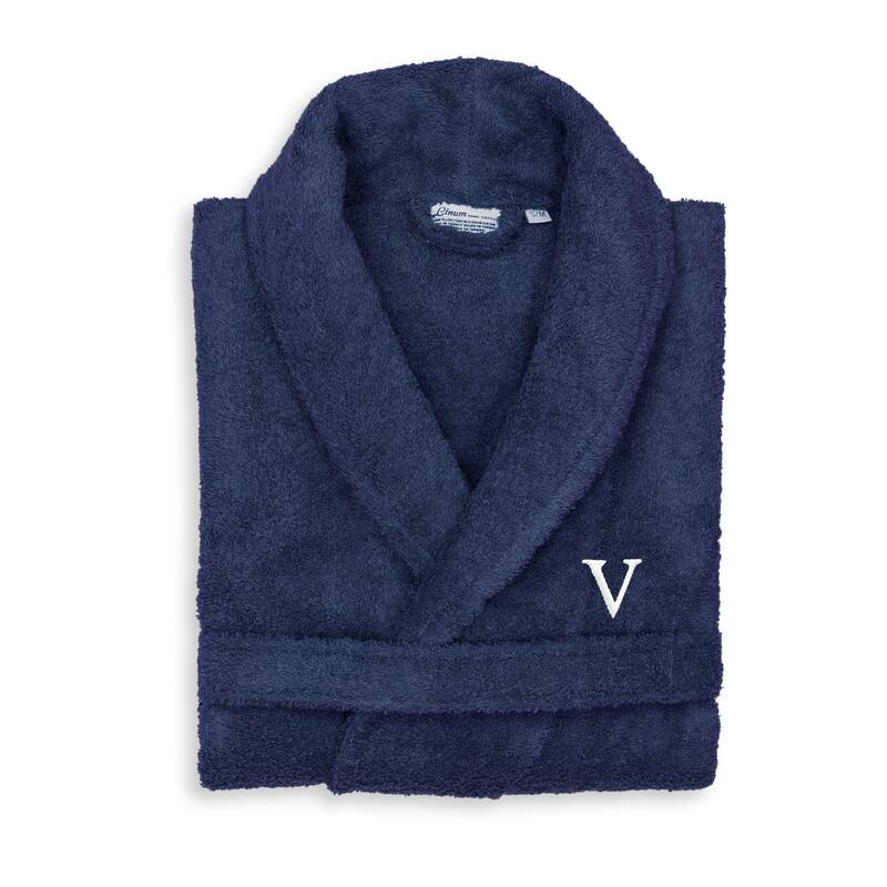Authentic Hotel and Spa Unisex Navy Blue Turkish Cotton Terry Bath Robe with White Block Monogram - L/XL - V