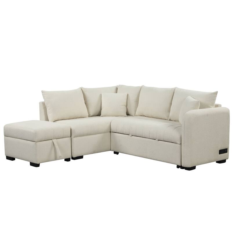Beige 82.6" L-Shaped 5-Seat Sleeper Sofa with Pull-Out Bed, Storage Ottoman, USB Ports, and Power Outlets