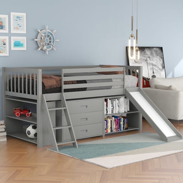 slide 2 of 9, Gray Twin Pine Low Loft Bed with Bookcases, Drawers, Convertible Ladder, Slide Gray