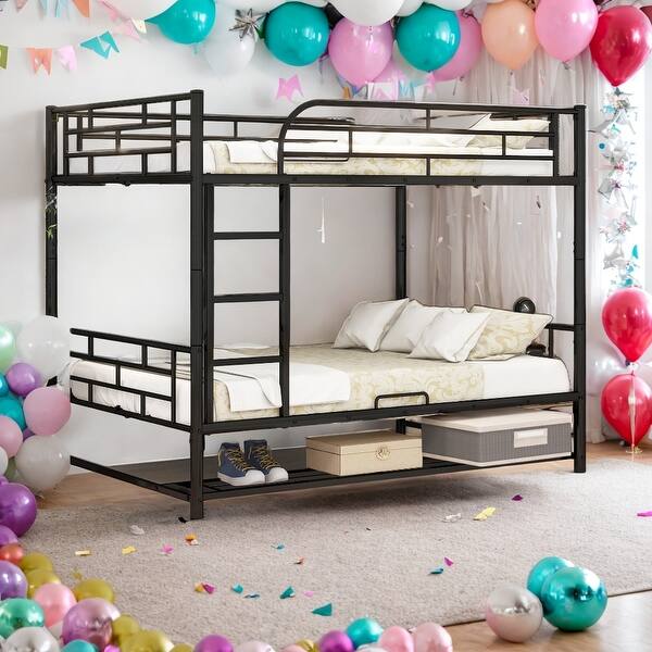 slide 2 of 26, Full over Full Children's Metal Bunk Bed With Steps,Metal Bunk Bed with Shelf and Guardrails,Detachable Bunk Bed Black
