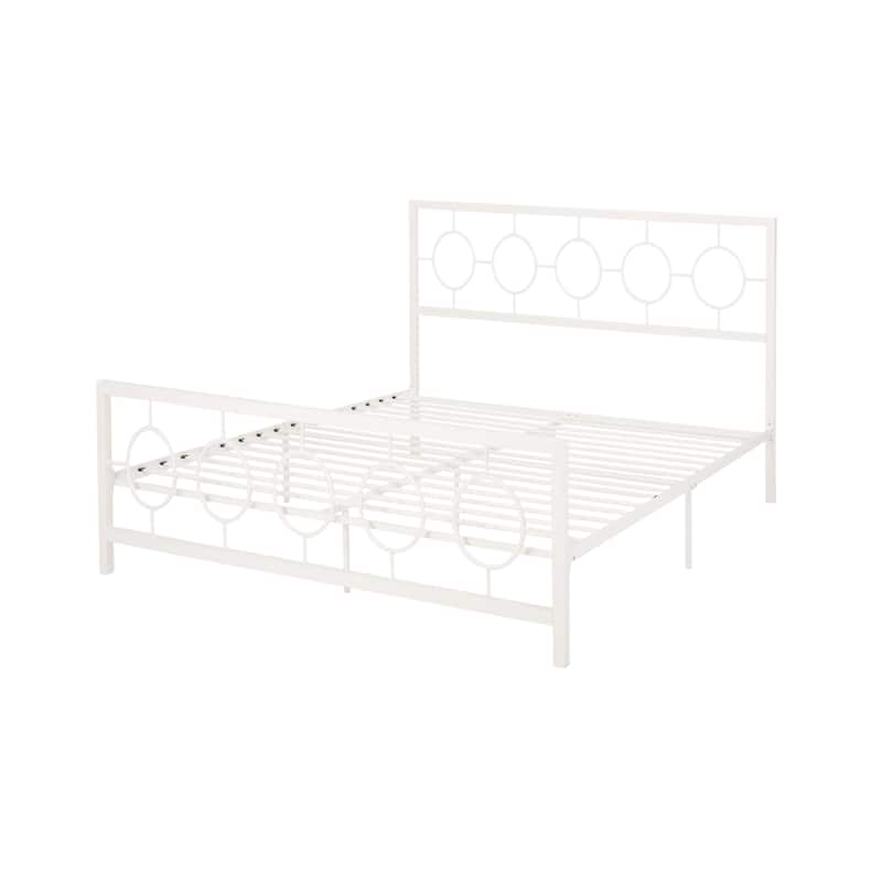 Roomfitters King Size Metal Platform Bed Frame with Headboard and Footboard, Modern Circle Design, White
