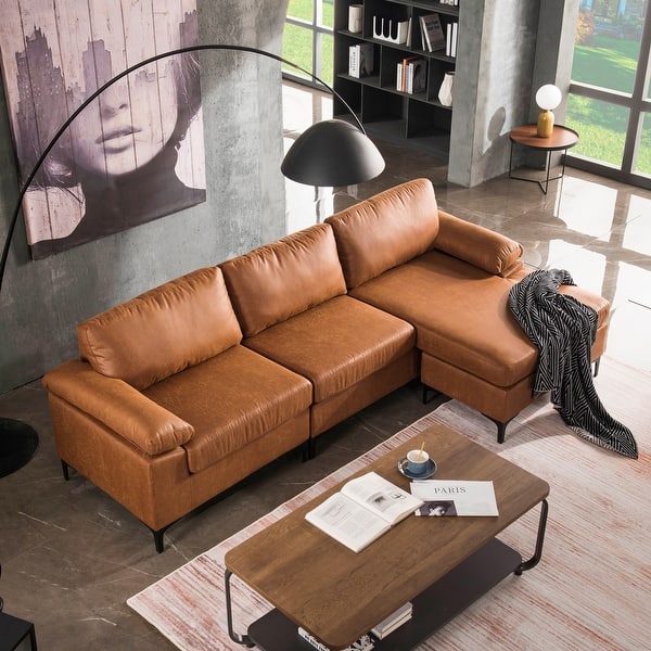 slide 1 of 53, Ovios Mid-Century Top-Grain SUEDE Leather Chaise Sofa With Cushions Metal Legs Light Brown