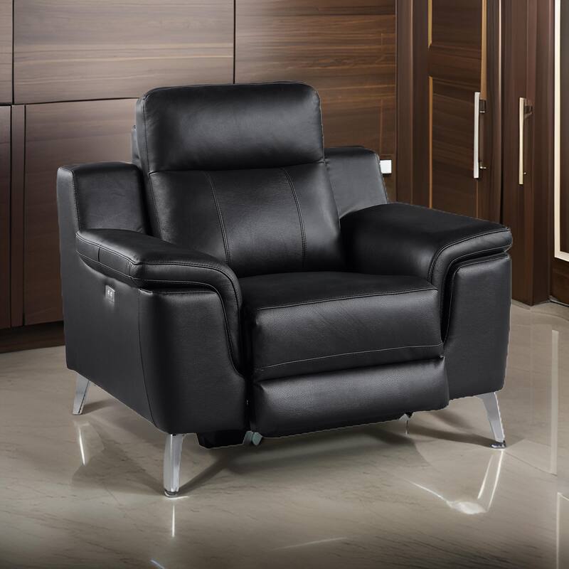 Dave 39 Inch Power Recliner Chair, Black Faux and Real Leather, Solid Wood