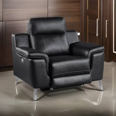 Dave 39 Inch Power Recliner Chair, Black Faux and Real Leather, Solid Wood